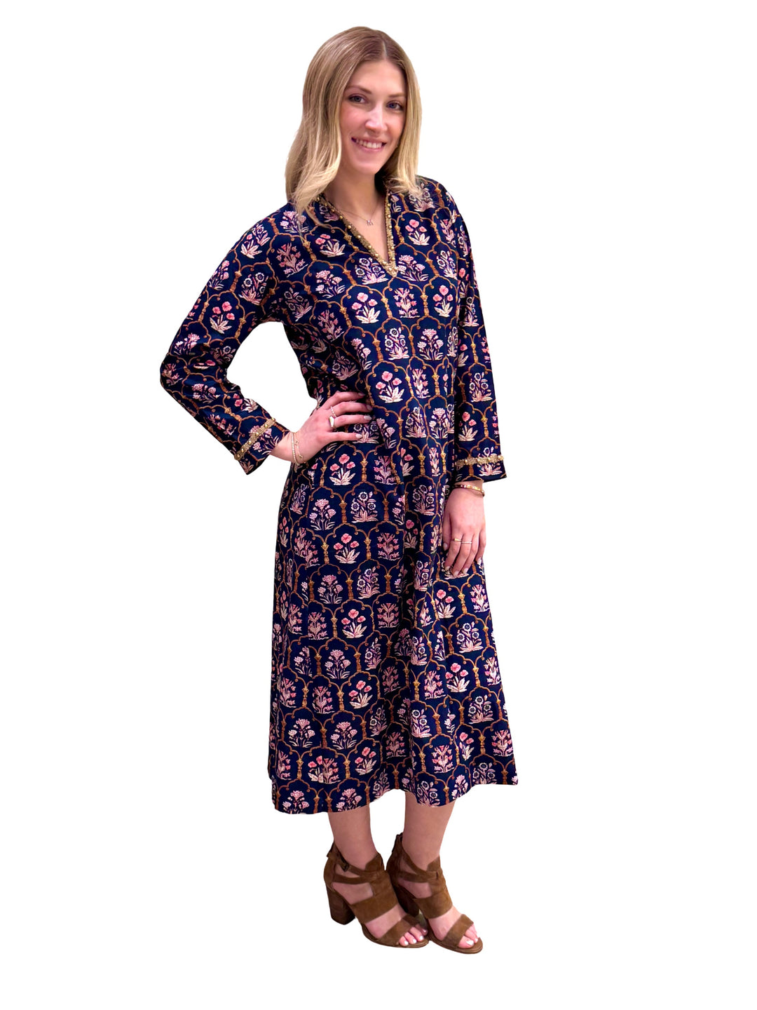 The Winslow Gold Bead Trimmed Dress in Navy and Pink — view 4