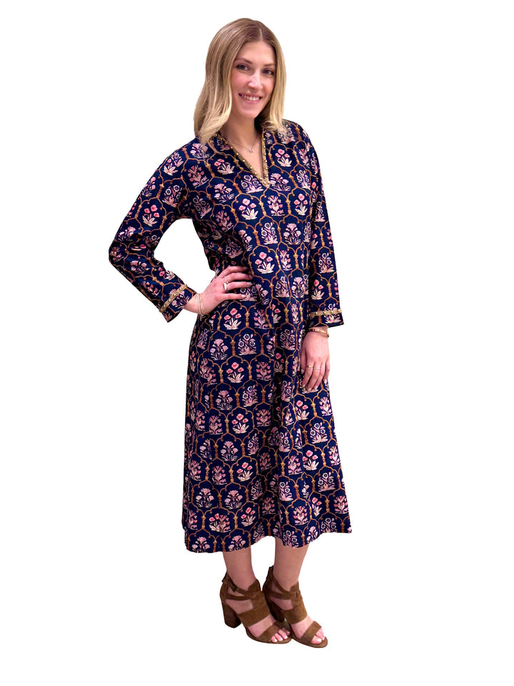 The Winslow Gold Bead Trimmed Dress in Navy and Pink — view 4