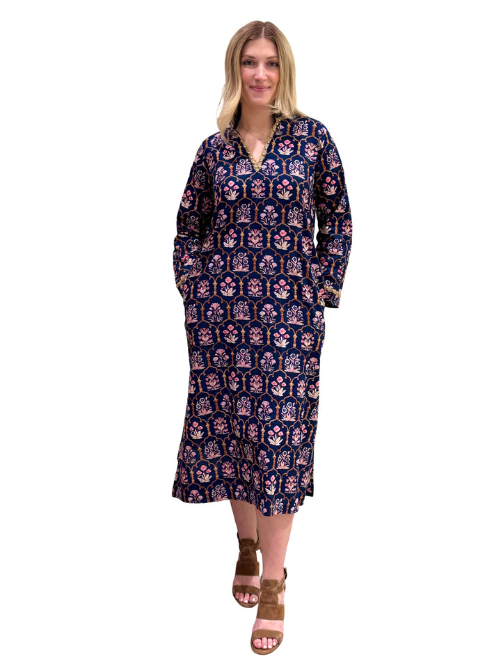 The Winslow Gold Bead Trimmed Dress in Navy and Pink — view 6