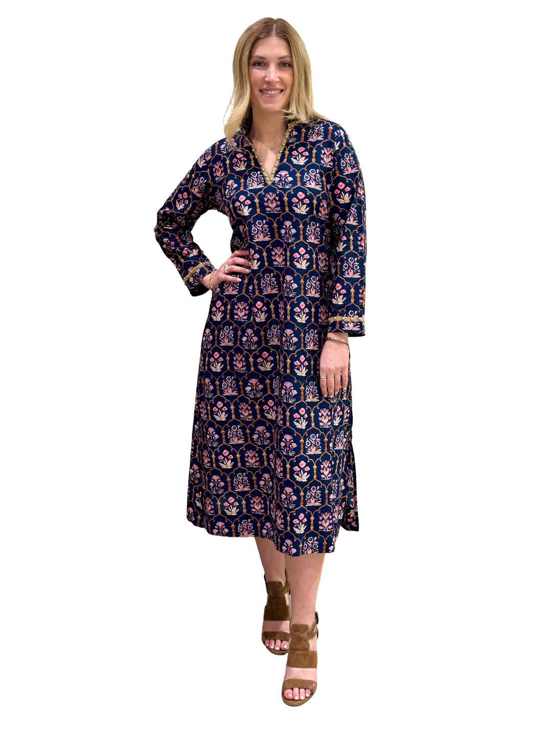 The Winslow Gold Bead Trimmed Dress in Navy and Pink — view 3