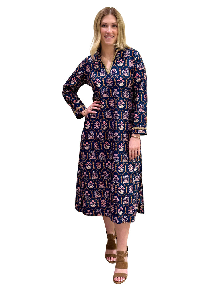 The Winslow Gold Bead Trimmed Dress in Navy and Pink — view 3