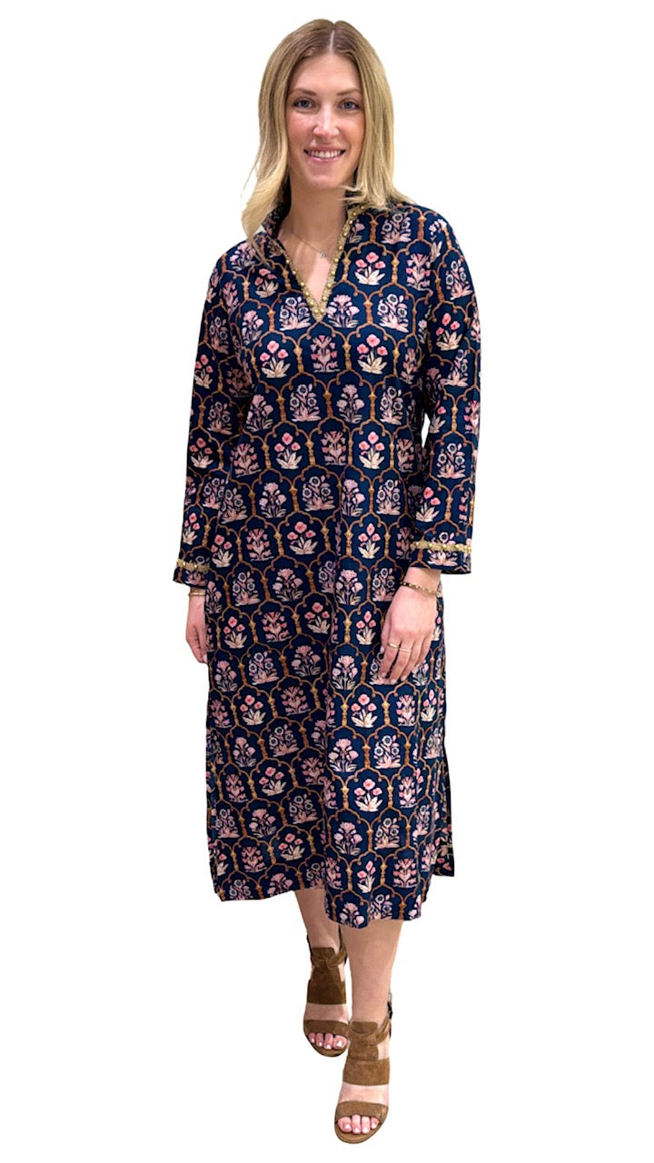 The Winslow Gold Bead Trimmed Dress in Navy and Pink — view 5