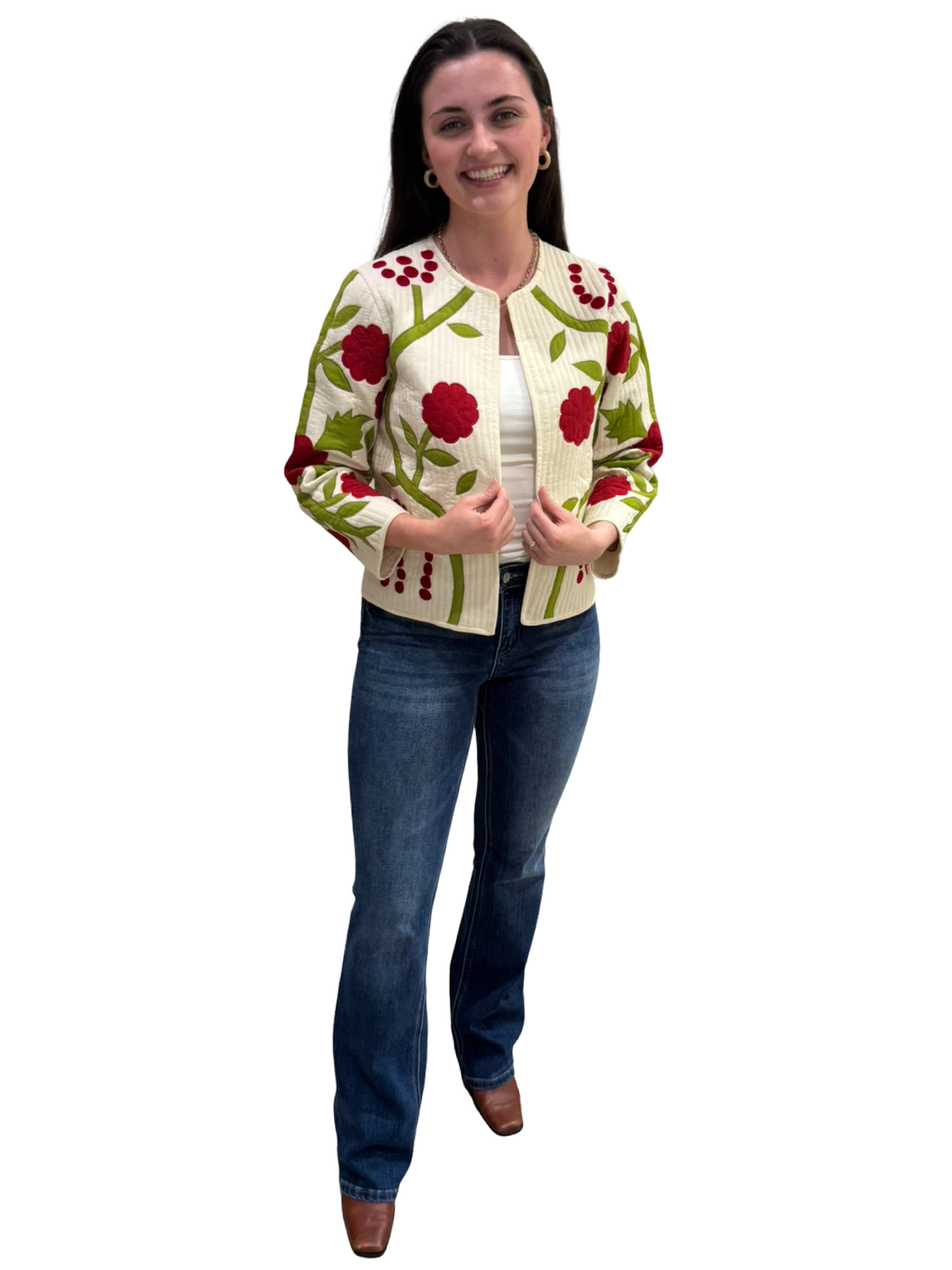 The Nellie Applique Jacket in Ivory Crimson Floral — view 2