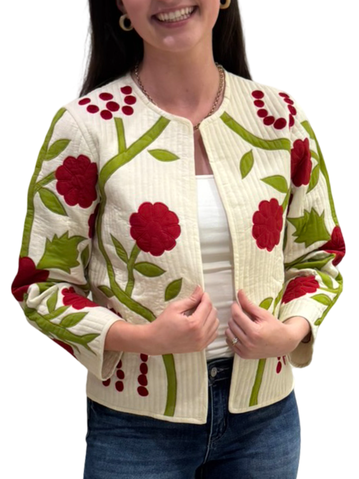 The Nellie Applique Jacket in Ivory Crimson Floral — view 4