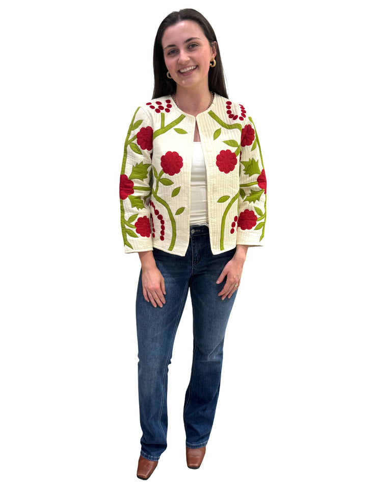 The Nellie Applique Jacket in Ivory Crimson Floral — view 6