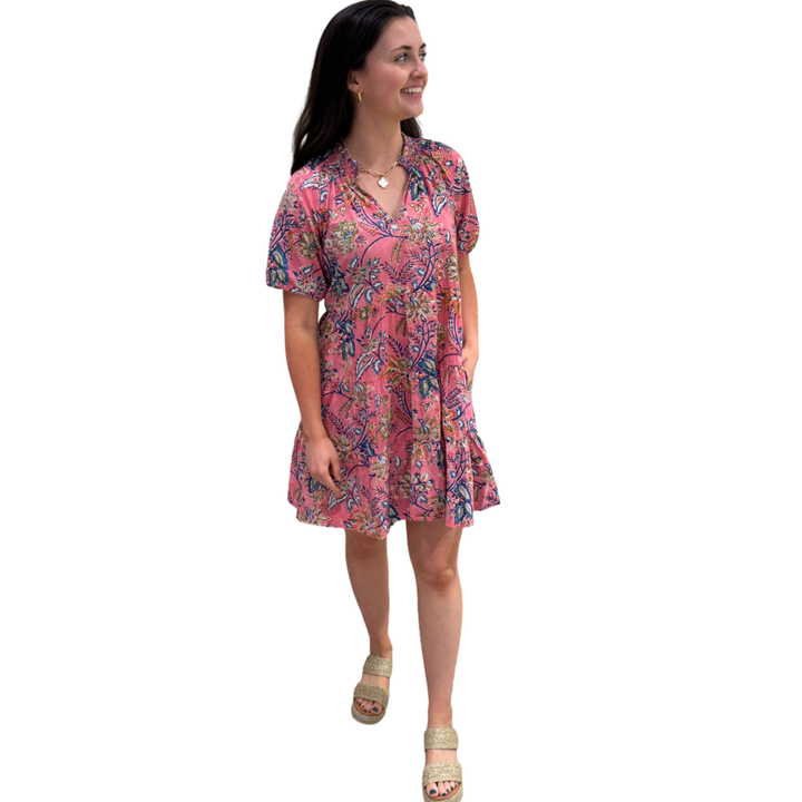 The Dahlia Smocked Neck Short Sleeve Dress in Pink Cotton Floral Hand Blocked Cotton — view 4