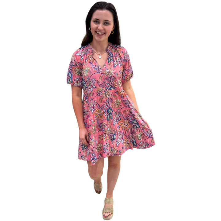 The Dahlia Smocked Neck Short Sleeve Dress in Pink Cotton Floral Hand Blocked Cotton — view 3