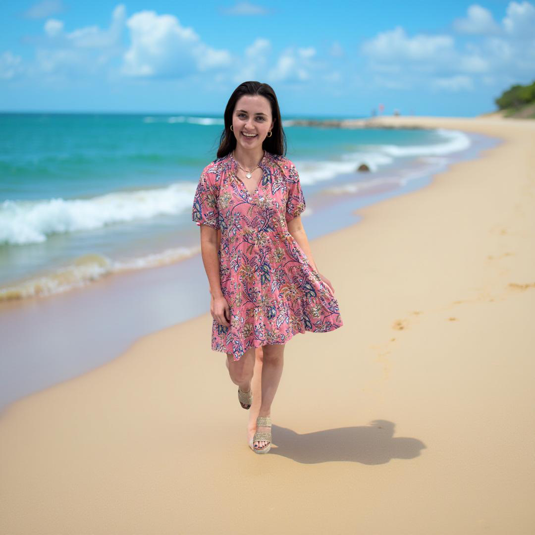 The Dahlia Smocked Neck Short Sleeve Dress in Pink Cotton Floral Hand Blocked Cotton — view 6