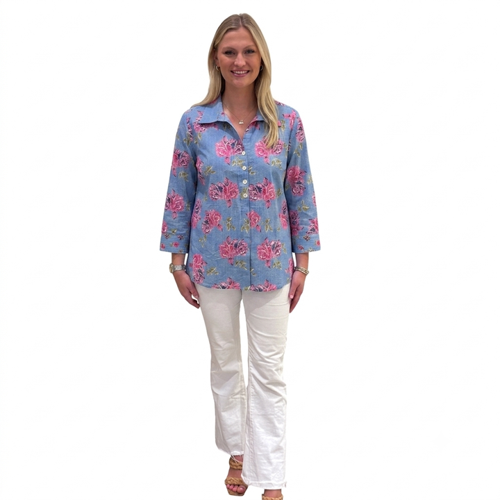 The Mason Button Front Top in Cornflower Blue Pink Floral