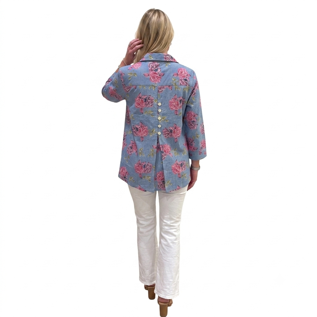 The Mason Button Front Top in Cornflower Blue Pink Floral — view 2