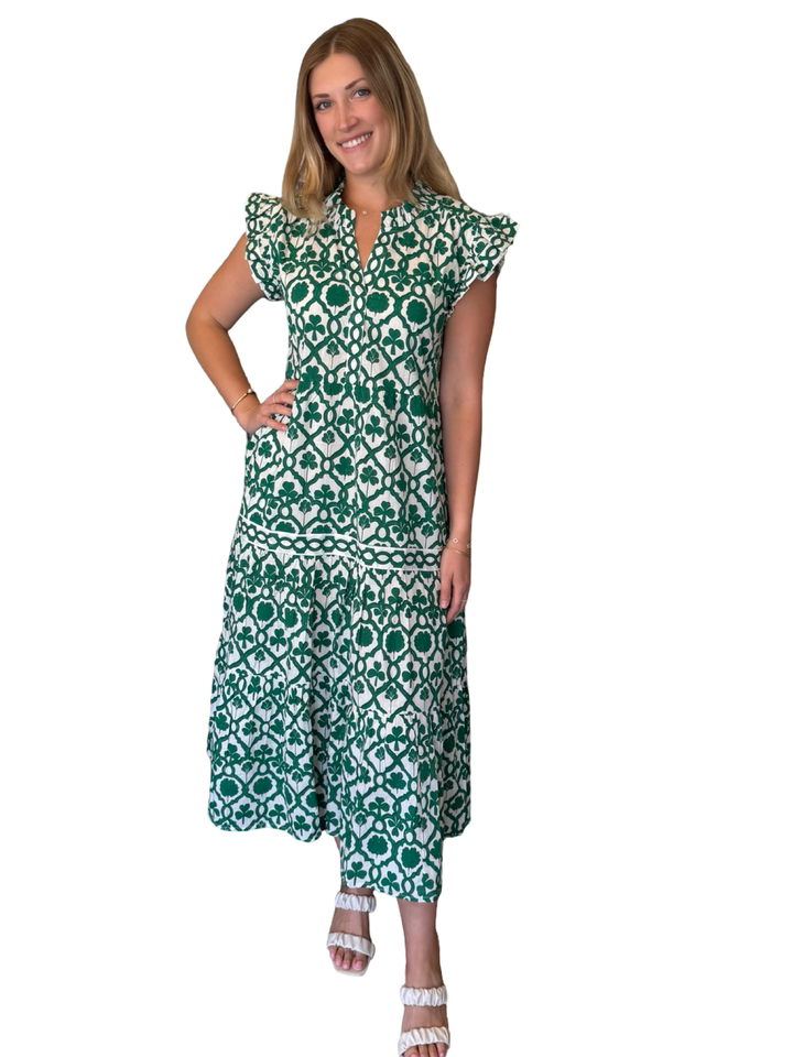 The Campbell Flutter Sleeve Dress in Emerald Green and White — view 3
