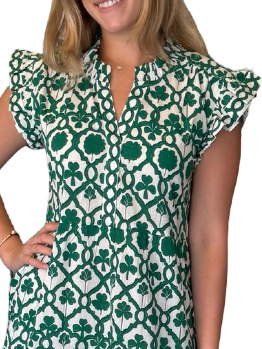 The Campbell Flutter Sleeve Dress in Emerald Green and White — view 2