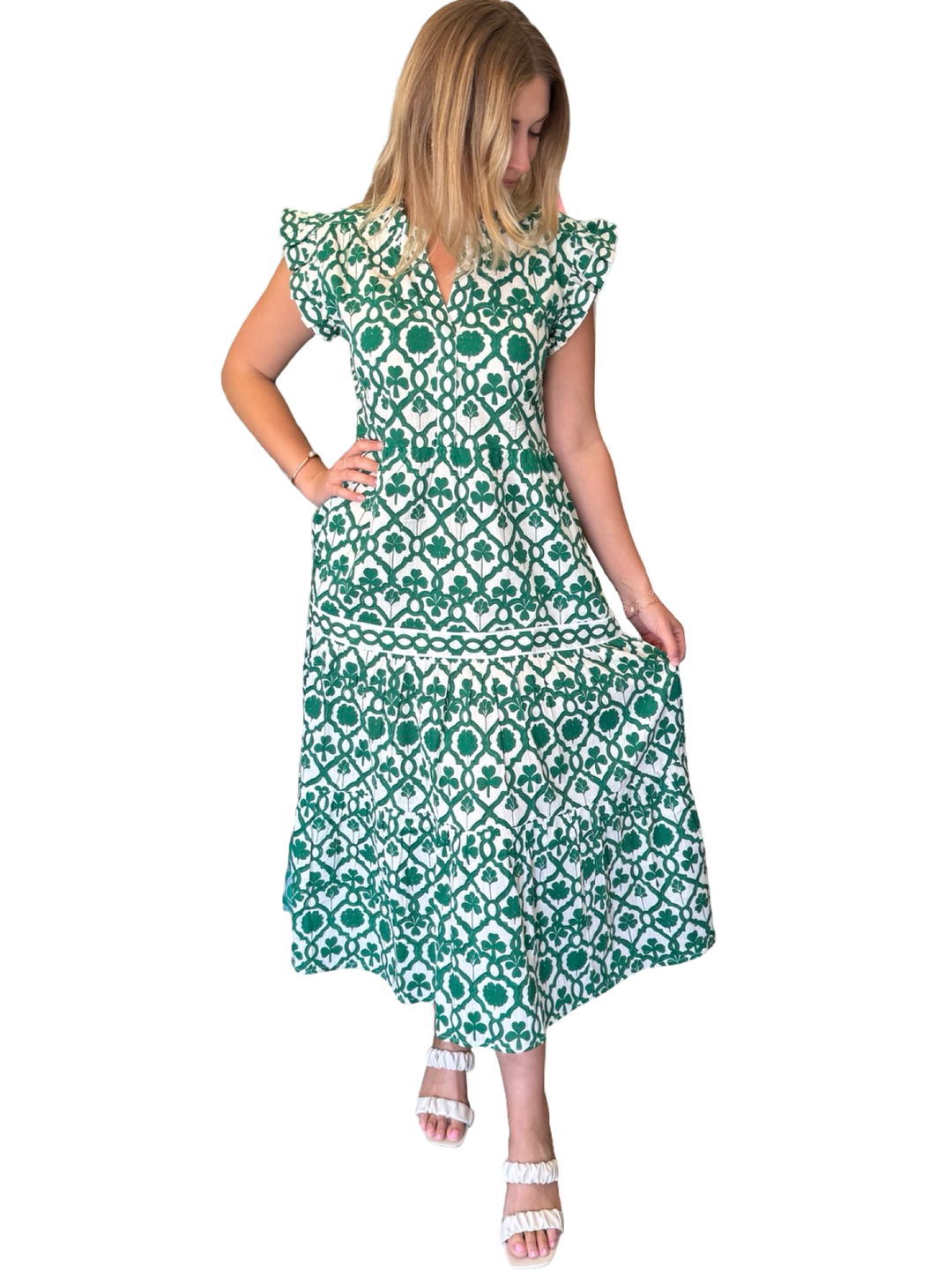 The Campbell Flutter Sleeve Dress in Emerald Green and White — view 4