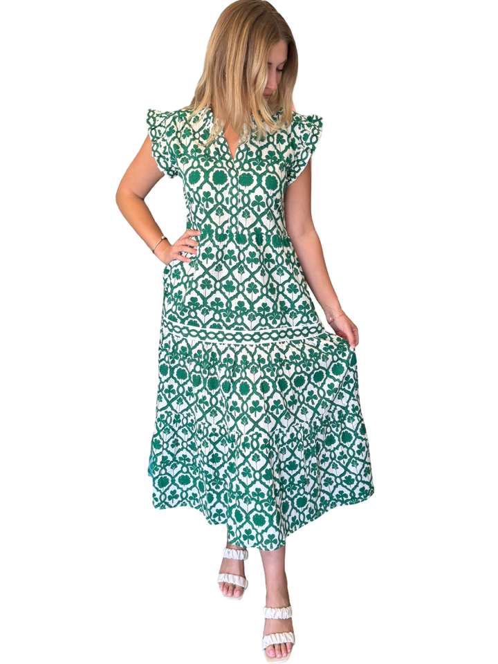 The Campbell Flutter Sleeve Dress in Emerald Green and White — view 4