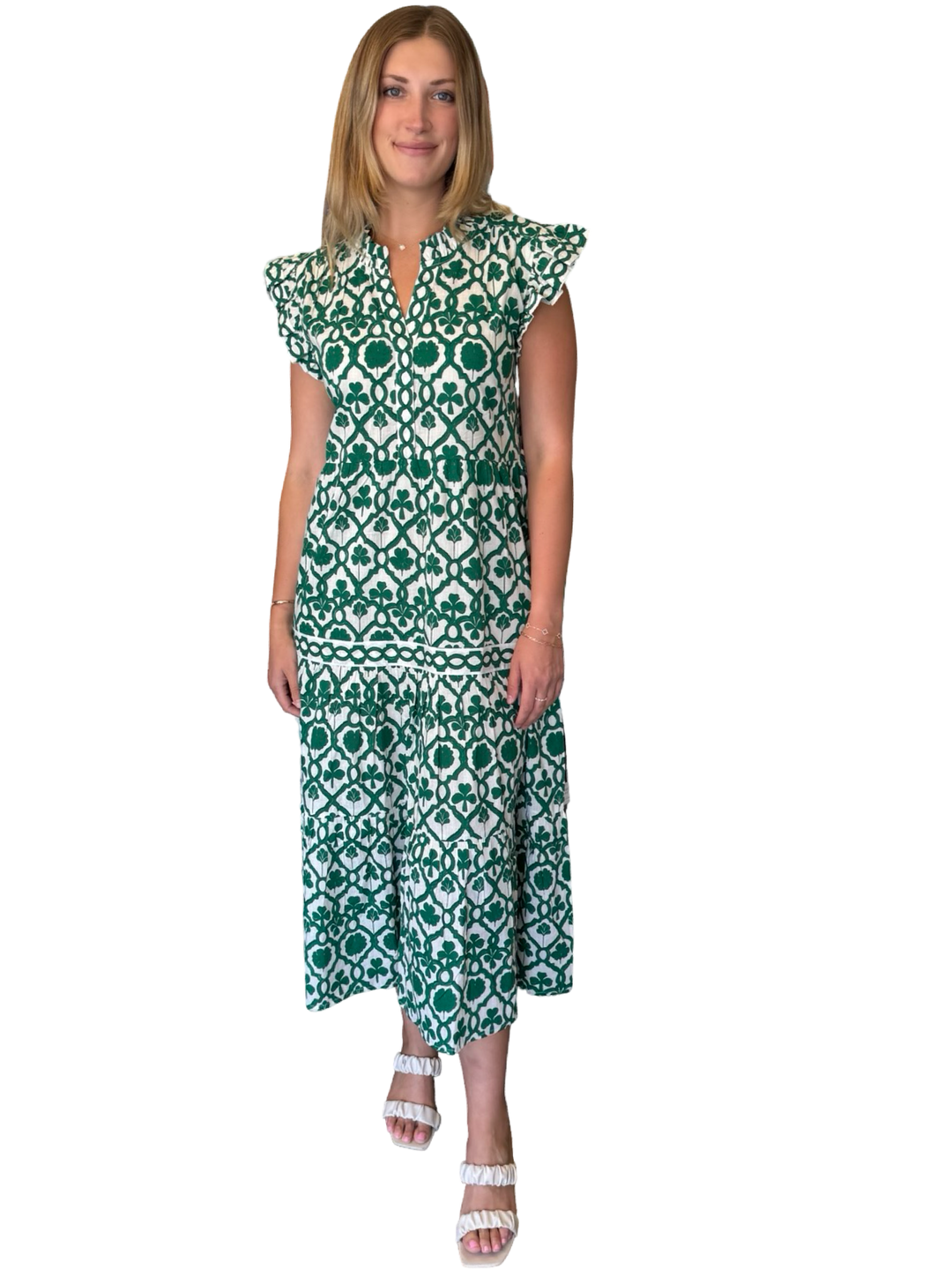The Campbell Flutter Sleeve Dress in Emerald Green and White