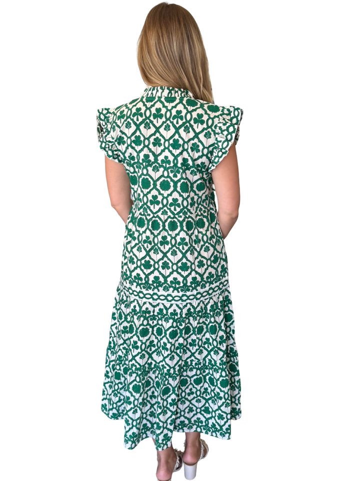 The Campbell Flutter Sleeve Dress in Emerald Green and White — view 5