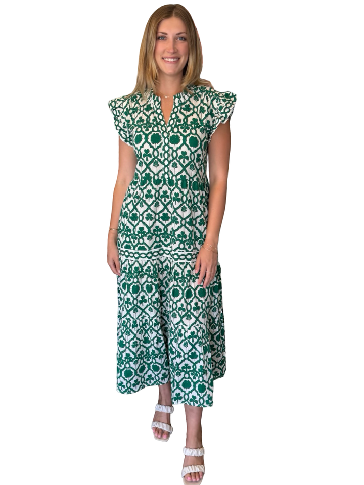 The Campbell Flutter Sleeve Dress in Emerald Green and White — view 6