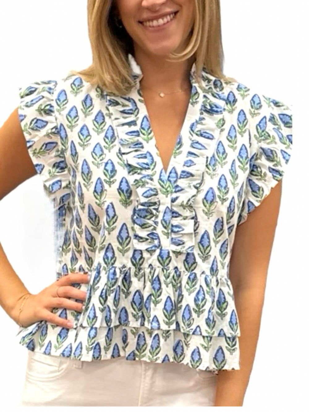 The Bella Ruffle Top in Blue Tulip Hand Block Printed Cotton — view 2