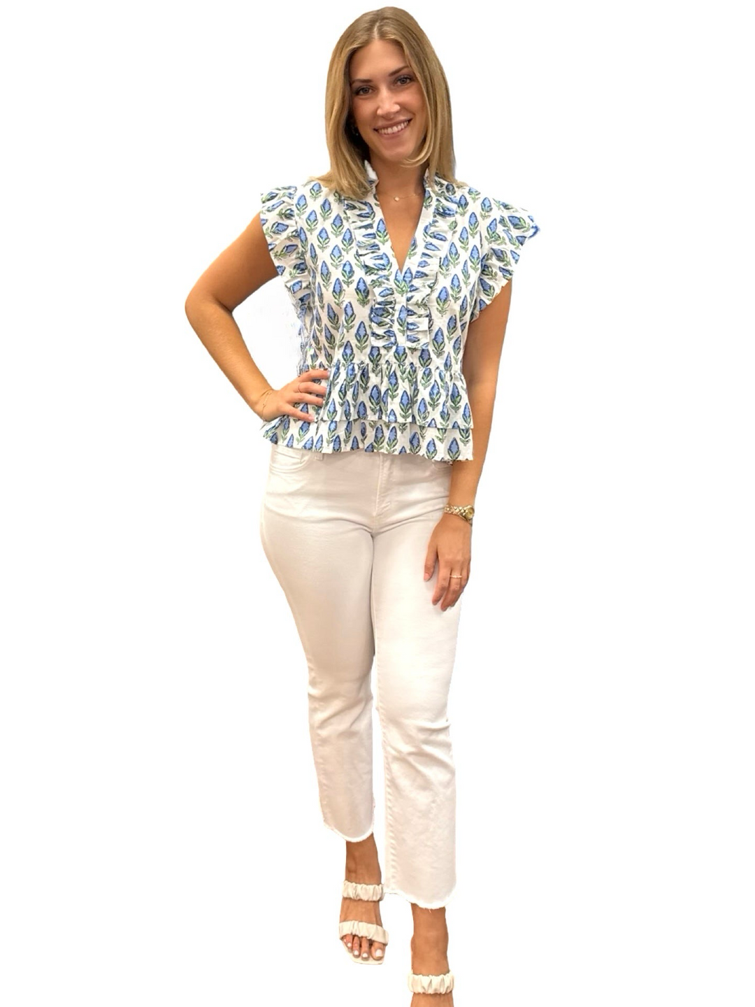 The Bella Ruffle Top in Blue Tulip Hand Block Printed Cotton — view 3