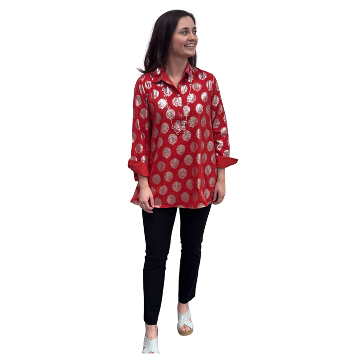 The Harper Easy Fit Top in Vibrant Red and Silver — view 4