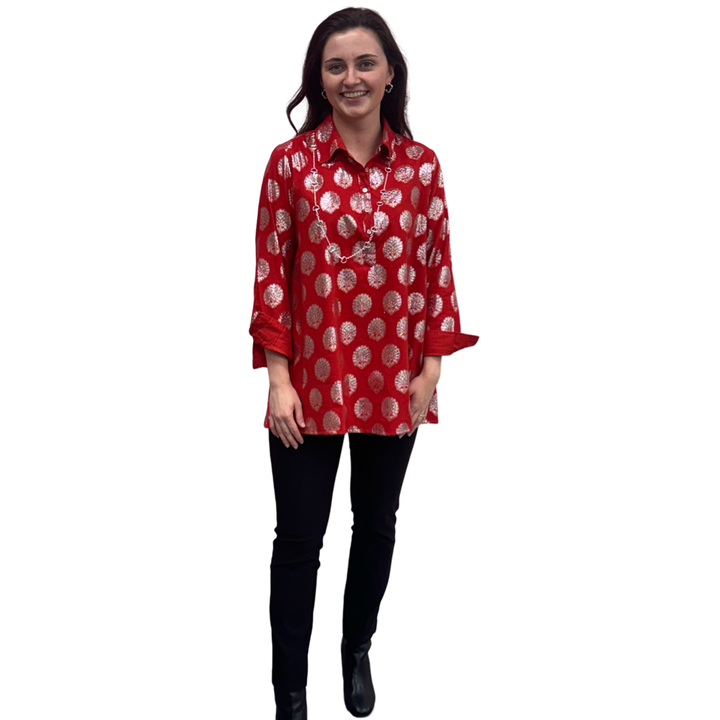 The Harper Easy Fit Top in Vibrant Red and Silver — view 2
