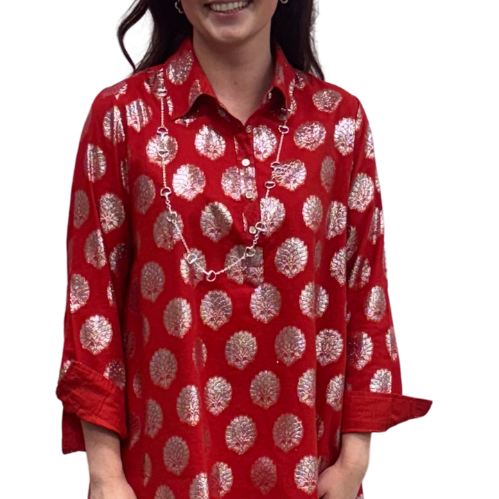 The Harper Easy Fit Top in Vibrant Red and Silver — view 3