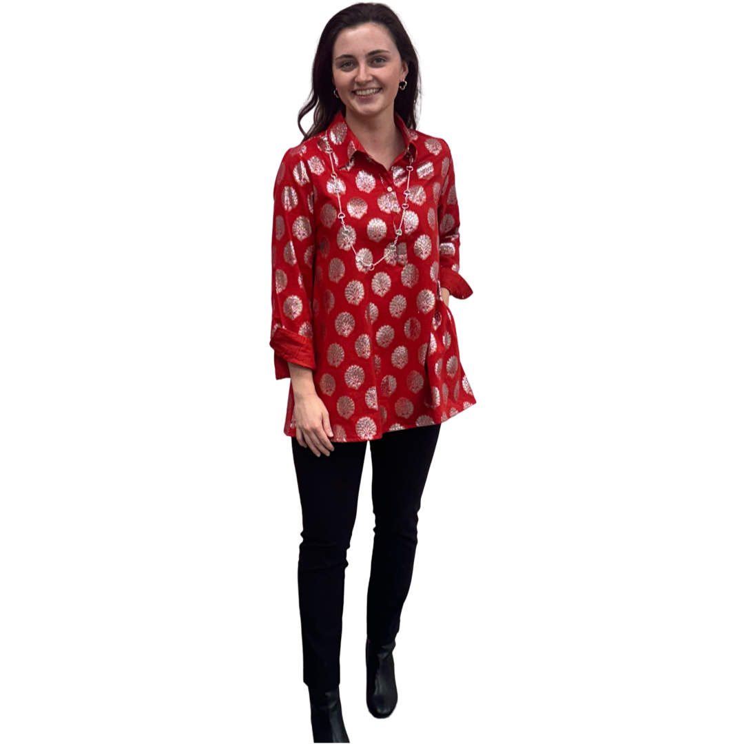 The Harper Easy Fit Top in Vibrant Red and Silver