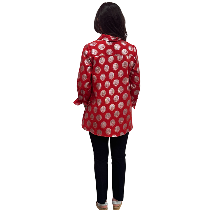 The Harper Easy Fit Top in Vibrant Red and Silver — view 6