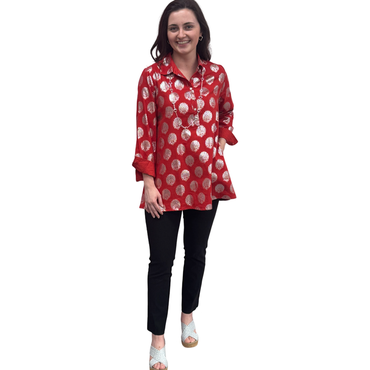 The Harper Easy Fit Top in Vibrant Red and Silver — view 5