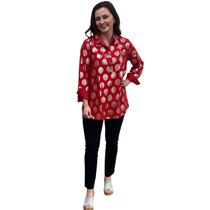 The Harper Easy Fit Top in Vibrant Red and Silver — view 7
