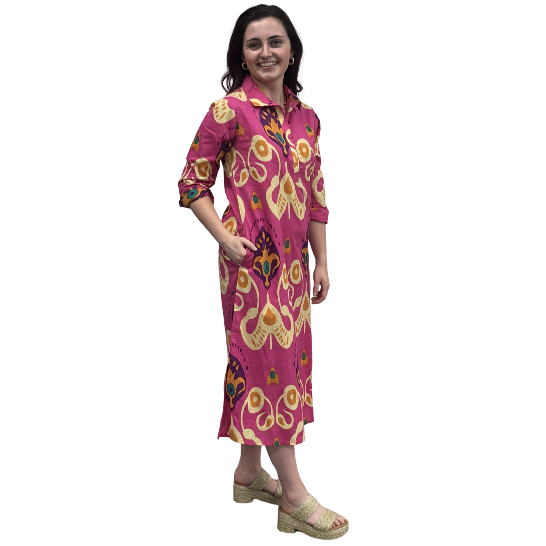 The Lisette Collared Dress in Pink Ikat — view 2