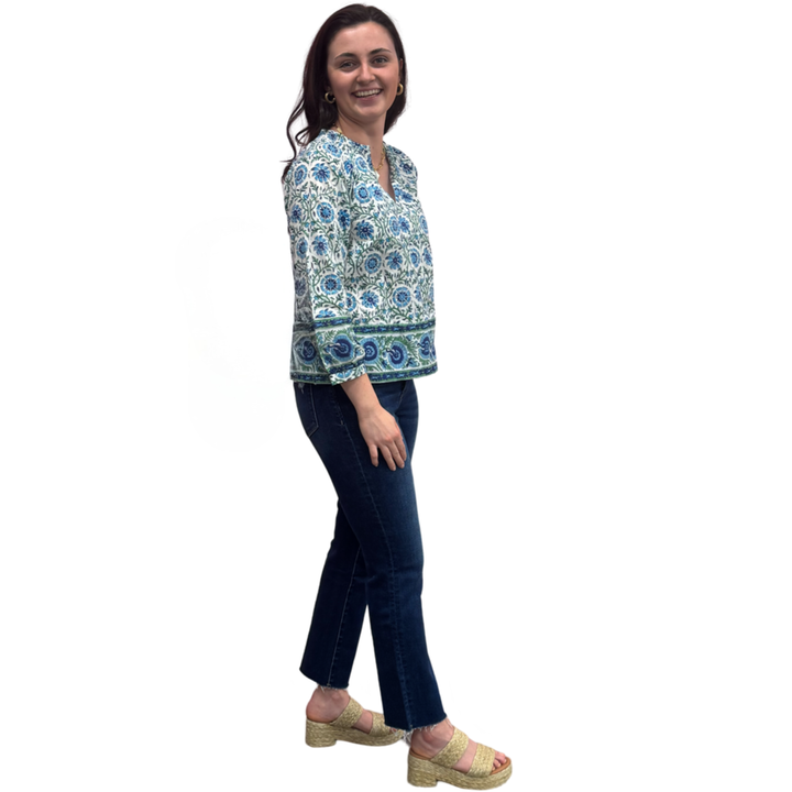 The Dahlia Smocked Neck Top in Blue Green Hand Blocked Cotton — view 3
