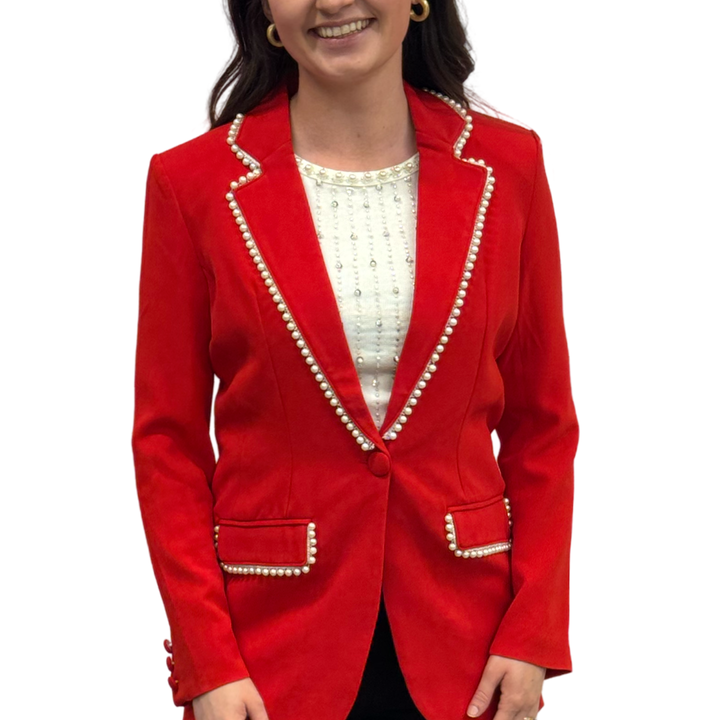 The Palmer Pearl Trimmed Blazer in Poppy Red — view 5