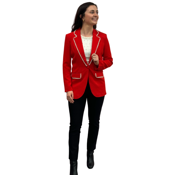 The Palmer Pearl Trimmed Blazer in Poppy Red — view 4