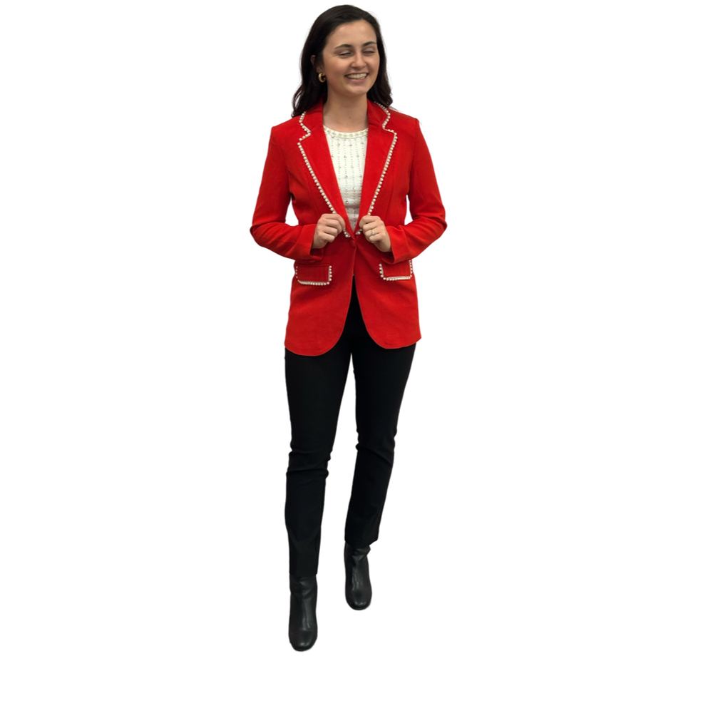The Palmer Pearl Trimmed Blazer in Poppy Red — view 2