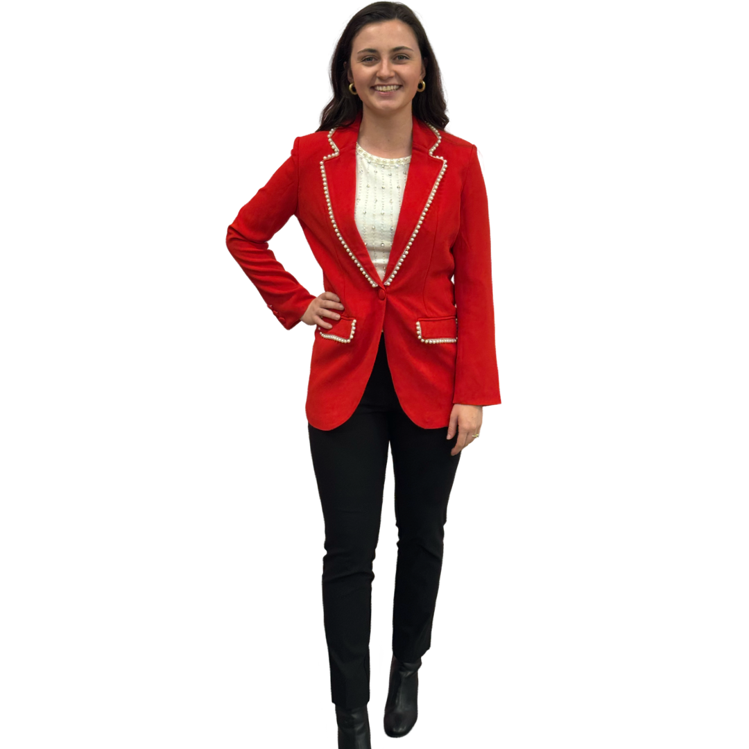 The Palmer Pearl Trimmed Blazer in Poppy Red — view 3