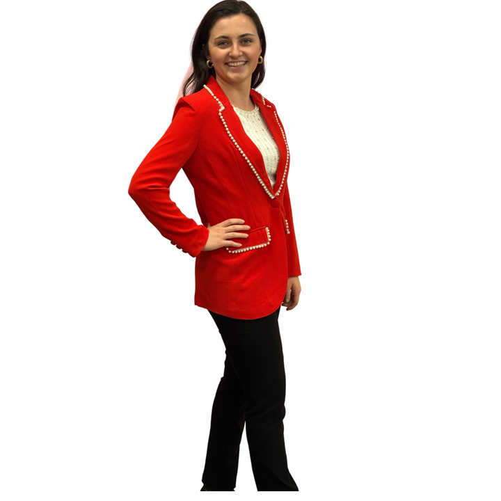 The Palmer Pearl Trimmed Blazer in Poppy Red — view 6