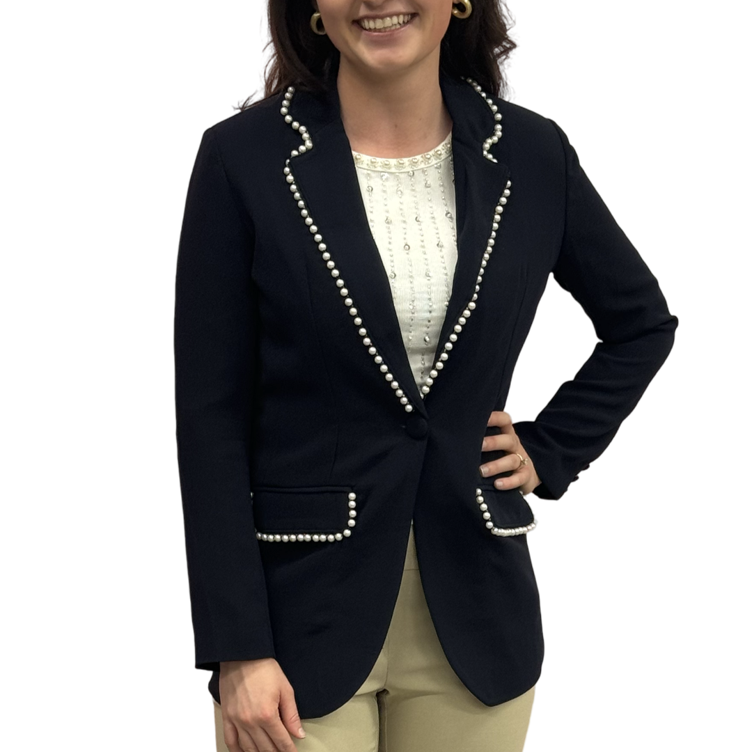 The Palmer Pearl Trimmed Blazer in Navy — view 4