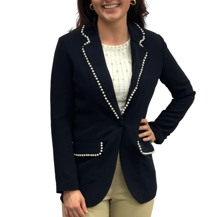 The Palmer Pearl Trimmed Blazer in Navy — view 4