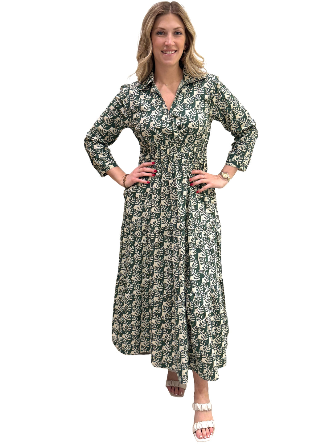 The Sydney Cinch Waist Dress in Green and Cream