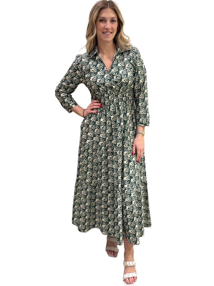 The Sydney Cinch Waist Dress in Green and Cream — view 2