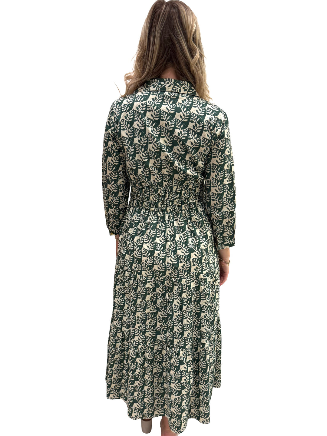 The Sydney Cinch Waist Dress in Green and Cream — view 5