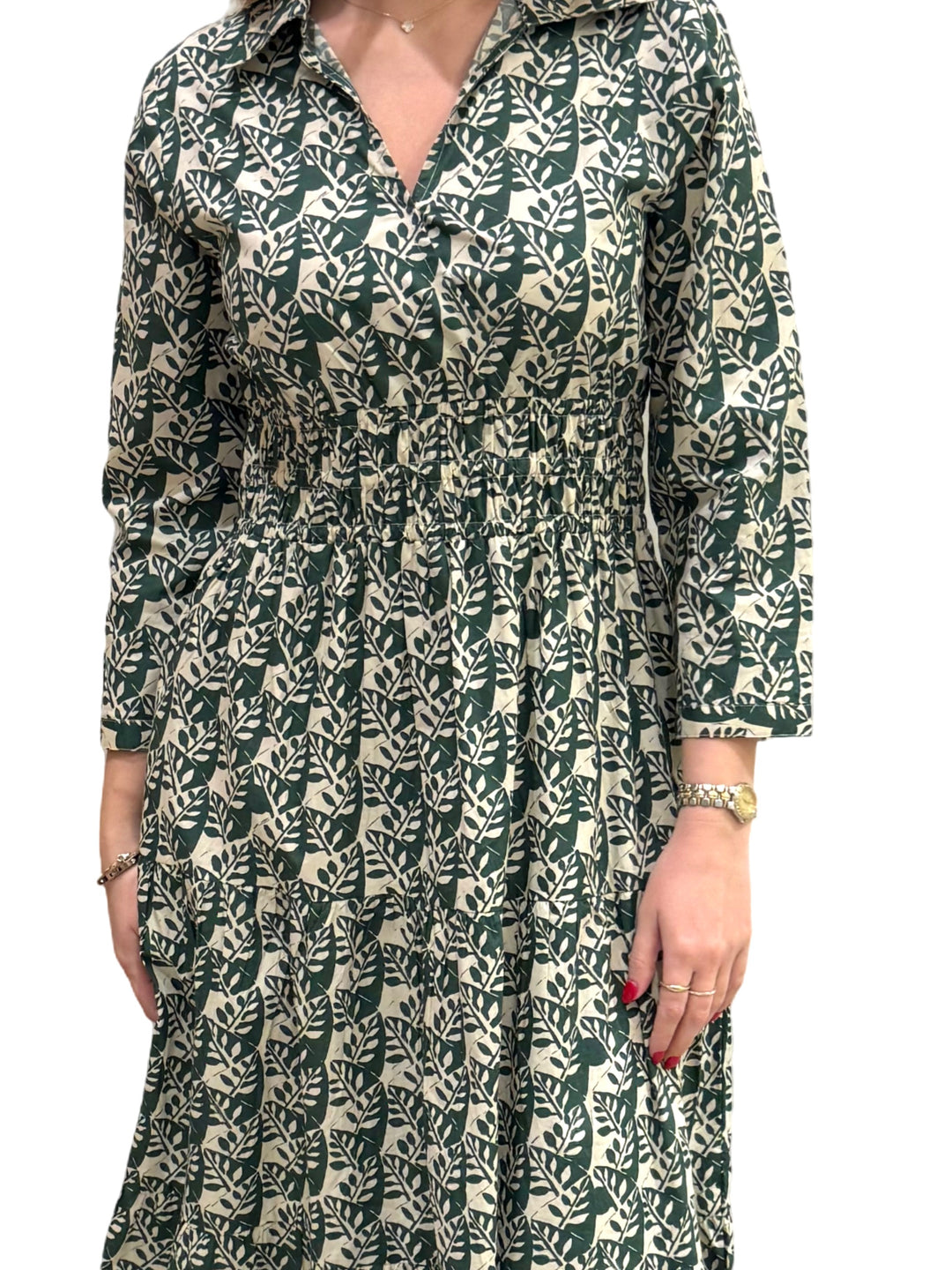 The Sydney Cinch Waist Dress in Green and Cream — view 4