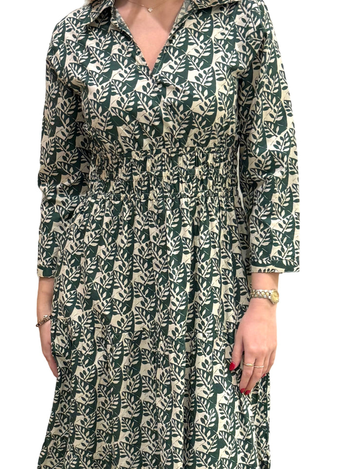 The Sydney Cinch Waist Dress in Green and Cream — view 4