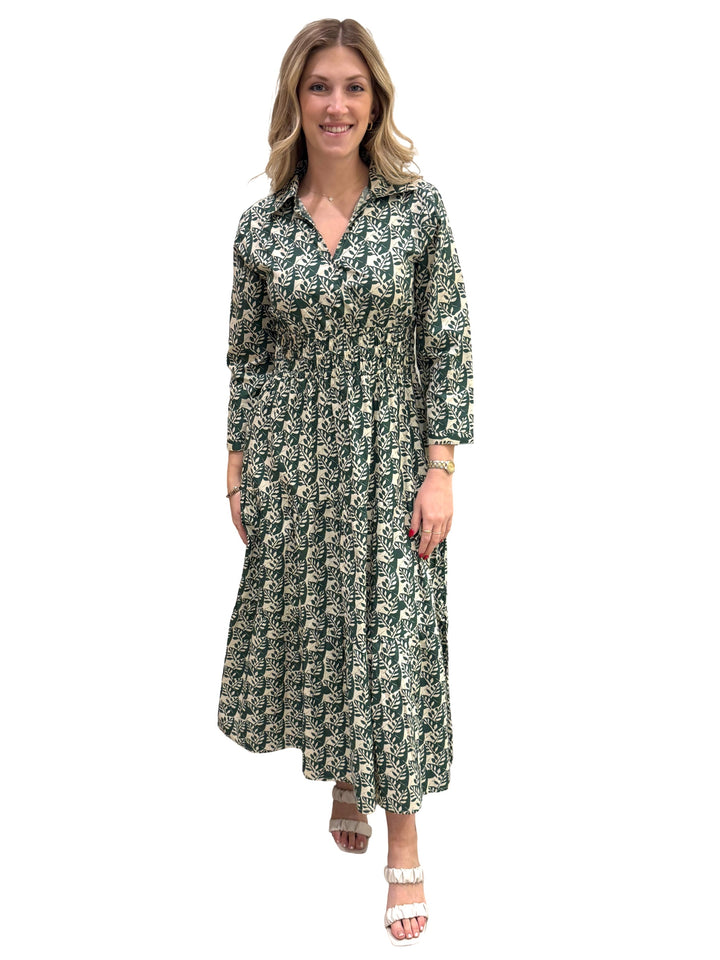 The Sydney Cinch Waist Dress in Green and Cream — view 3