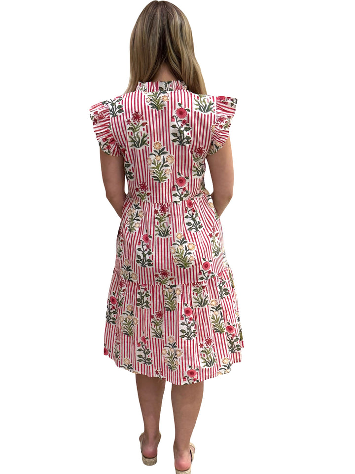 The Campbell Striped Midi Length Dress in Red Striped Hand Blocked Floral — view 5