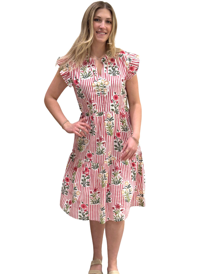 The Campbell Striped Midi Length Dress in Red Striped Hand Blocked Floral — view 6