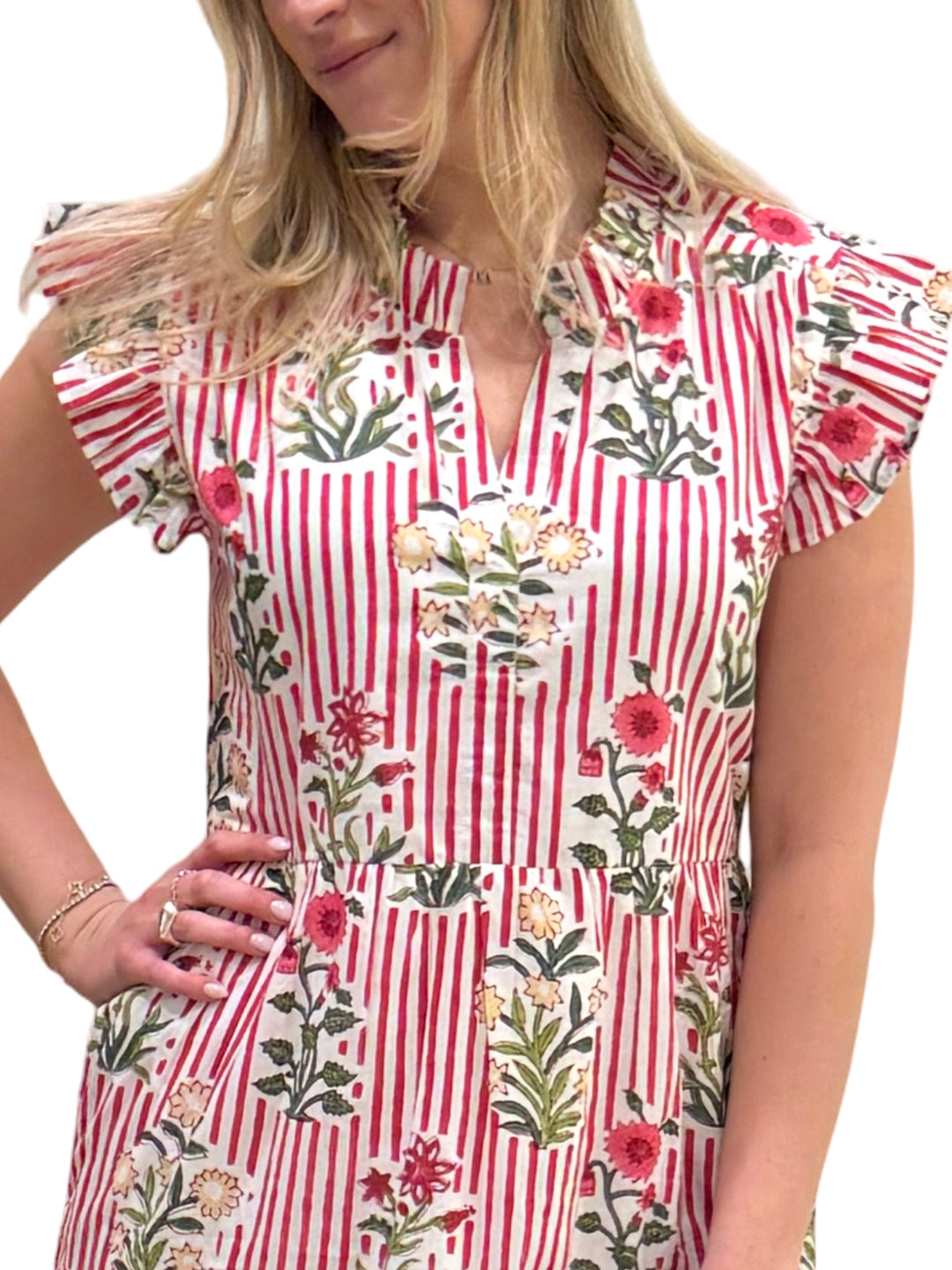 The Campbell Striped Midi Length Dress in Red Striped Hand Blocked Floral — view 4