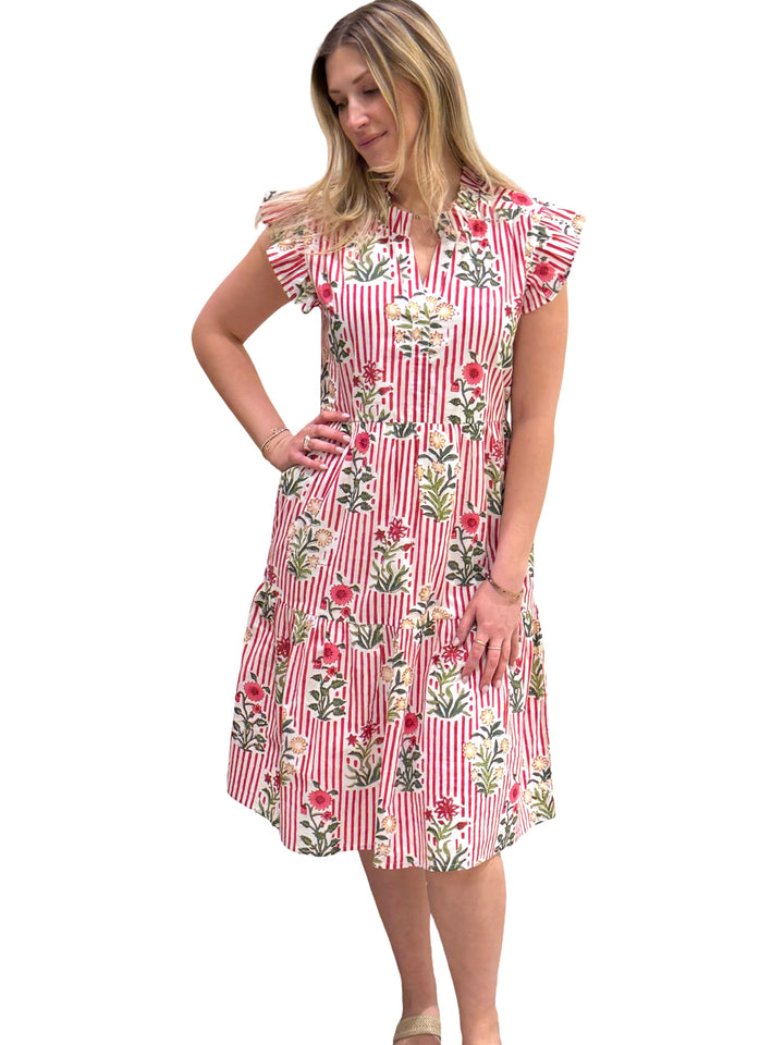 The Campbell Striped Midi Length Dress in Red Striped Hand Blocked Floral — view 2