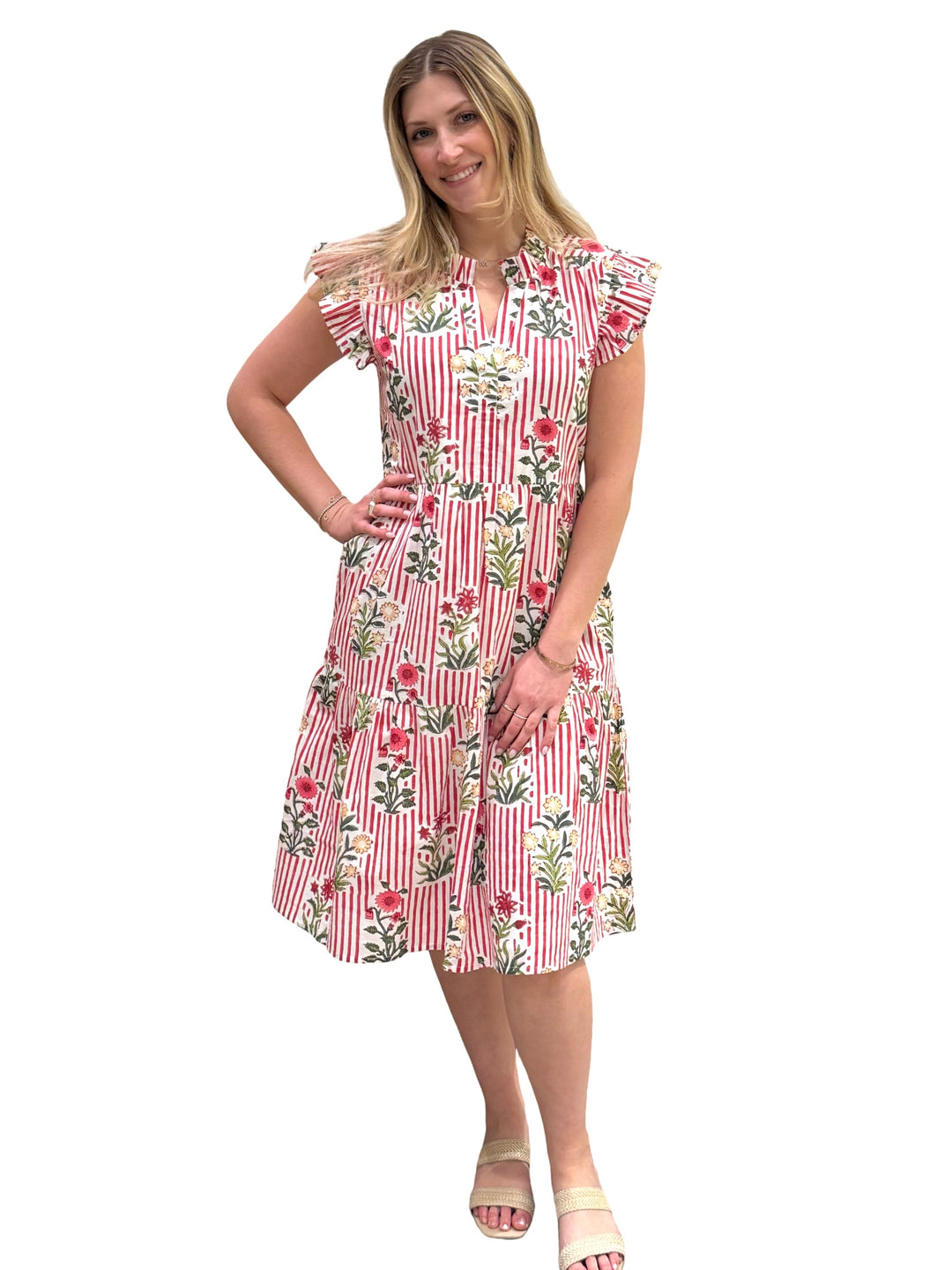 The Campbell Striped Midi Length Dress in Red Striped Hand Blocked Floral